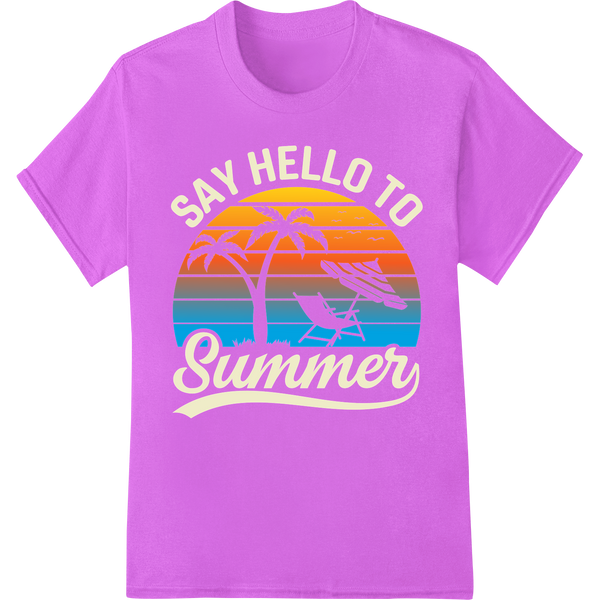 Retro Summer Vibes: Say Hello to Sun-Soaked Adventures on purple shirt - SUPERDTF-DTF Prints-DTF Transfers-Custom DTF Prints