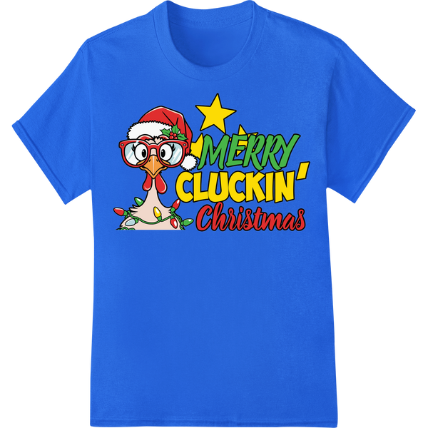 Quirky 'Merry Cluckin' Christmas' Chicken Holiday DTF Print on blue shirt - SUPERDTF-DTF Prints-DTF Transfers-Custom DTF Prints