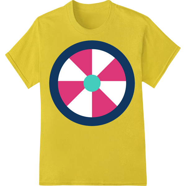 Psychedelic Pinwheel: Bold Abstract Geometric DTF Print on yellow shirt - SUPERDTF-DTF Prints-DTF Transfers-Custom DTF Prints