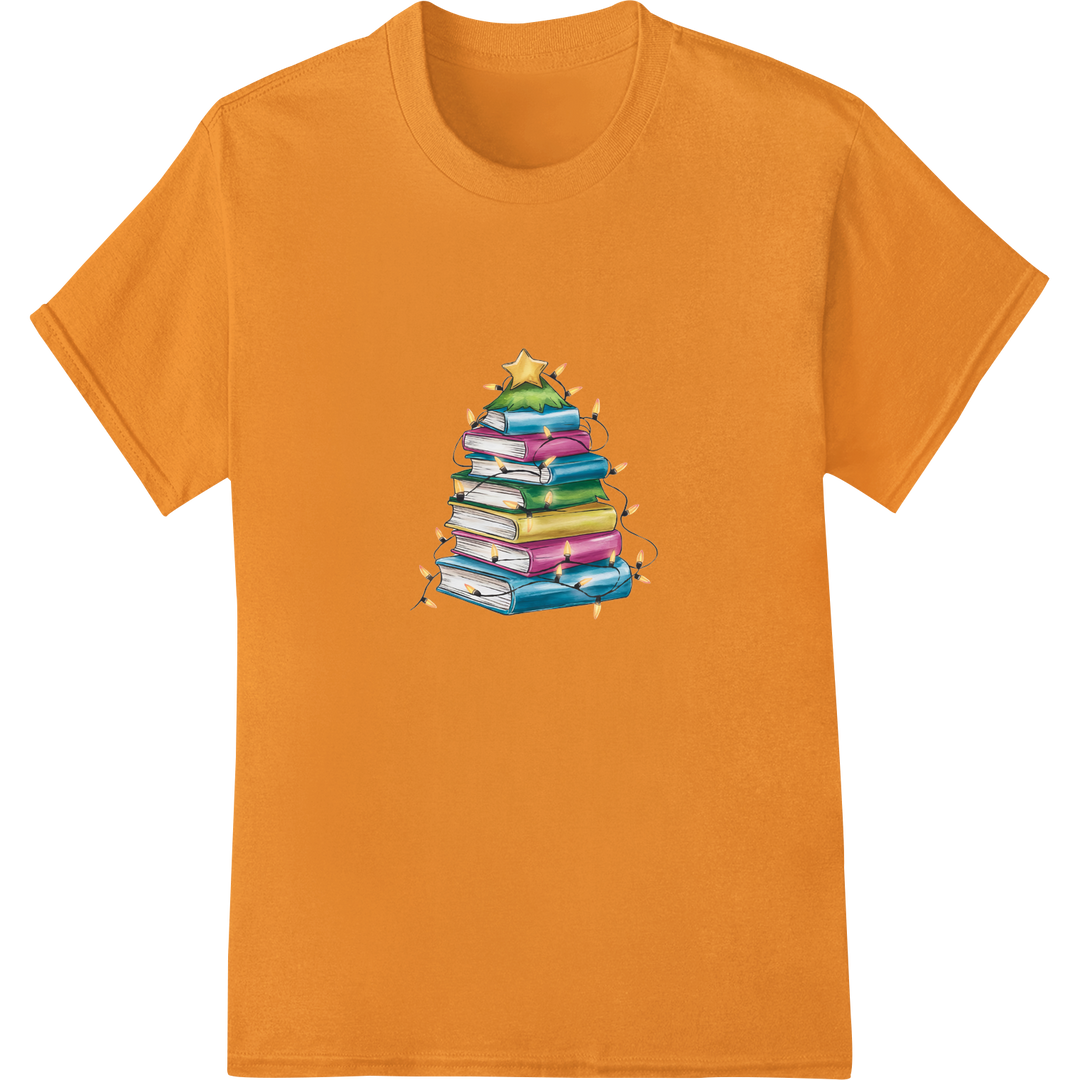 Festive Book Tree: Teacher's Christmas DTF Print Design on orange shirt - SUPERDTF-DTF Prints-DTF Transfers-Custom DTF Prints