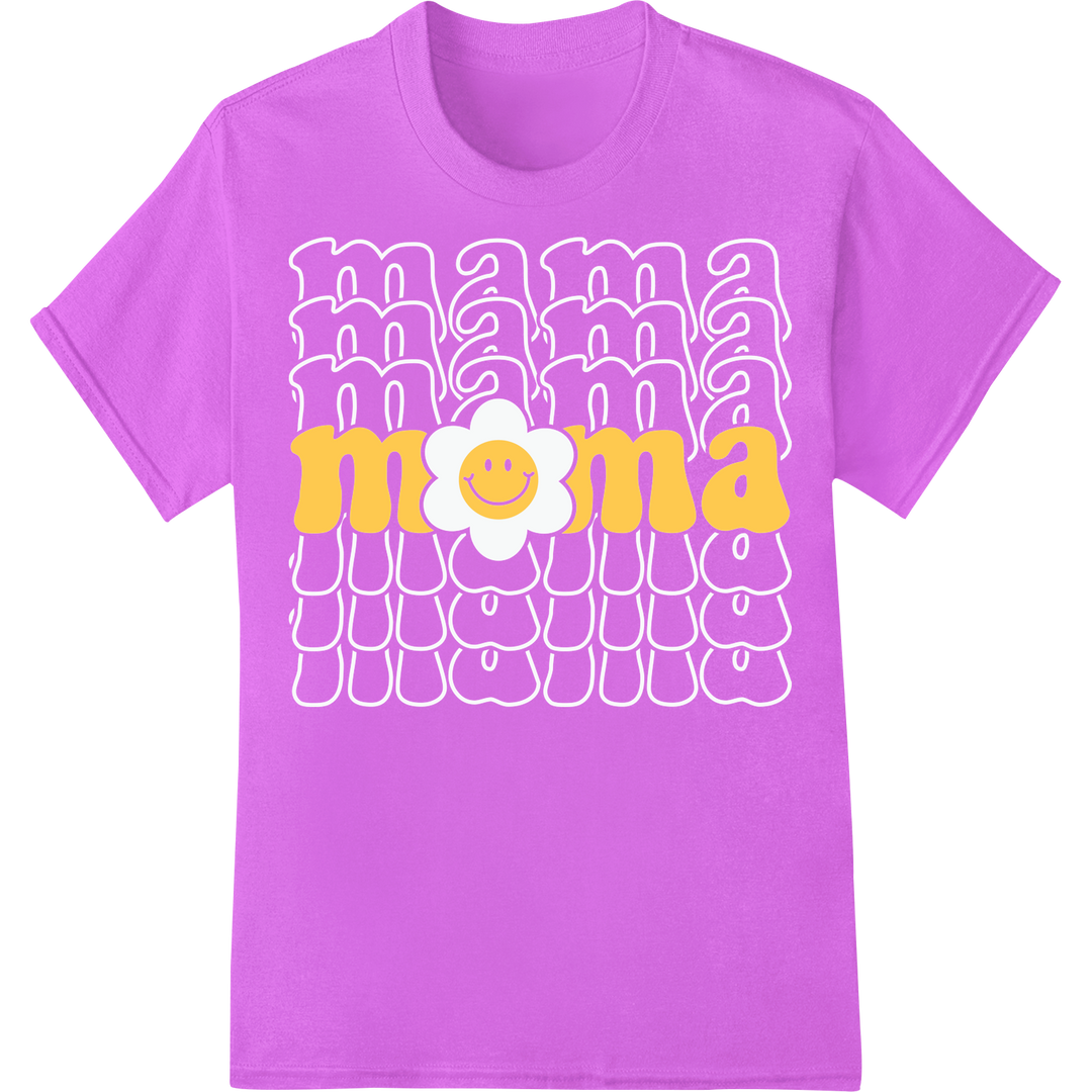 Retro 'Mom' Smiley Face DTF Print for Mother's Day Gifts on purple shirt - SUPERDTF-DTF Prints-DTF Transfers-Custom DTF Prints