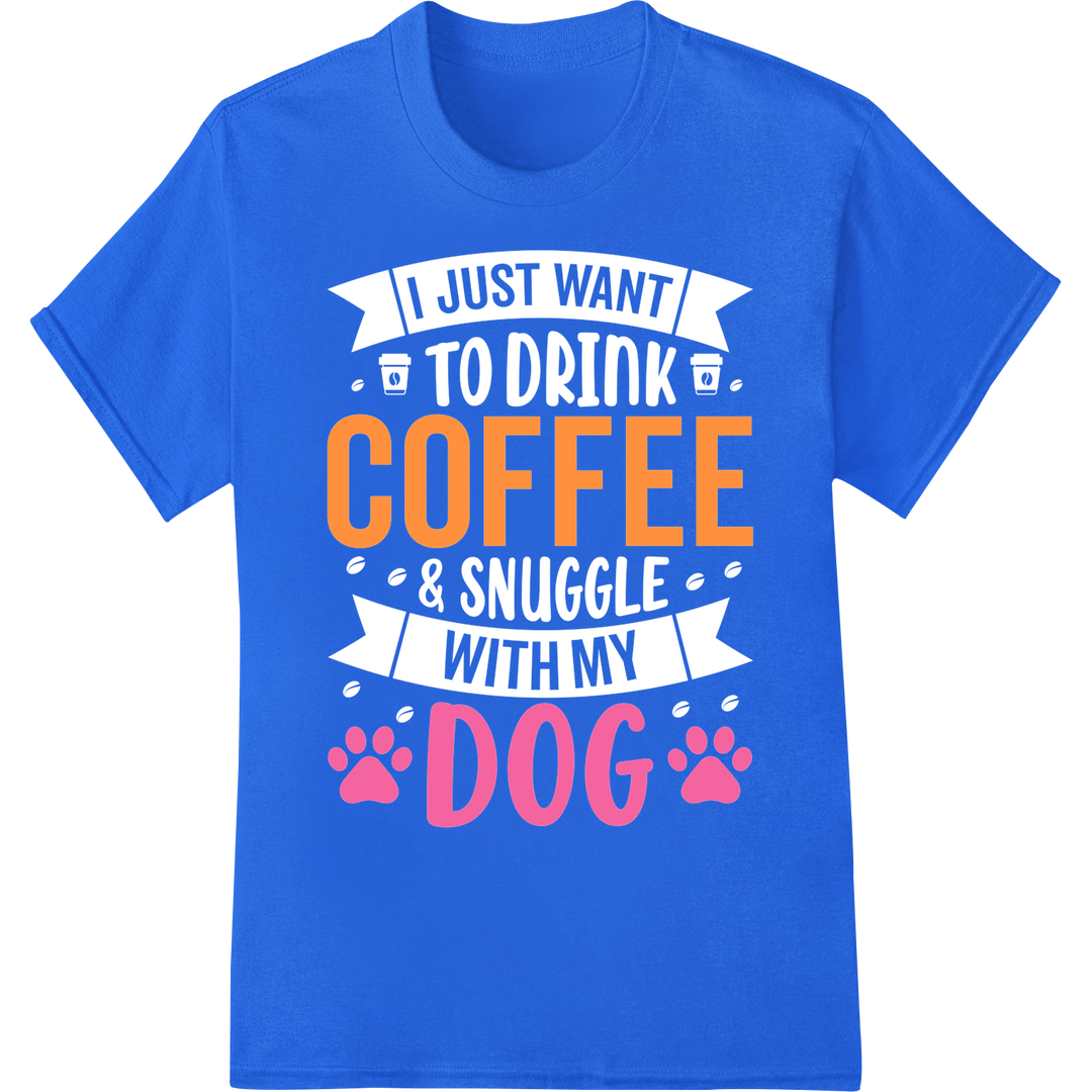 Retro Coffee Dog: Playful DTF Print for Animal Lovers on blue shirt - SUPERDTF-DTF Prints-DTF Transfers-Custom DTF Prints