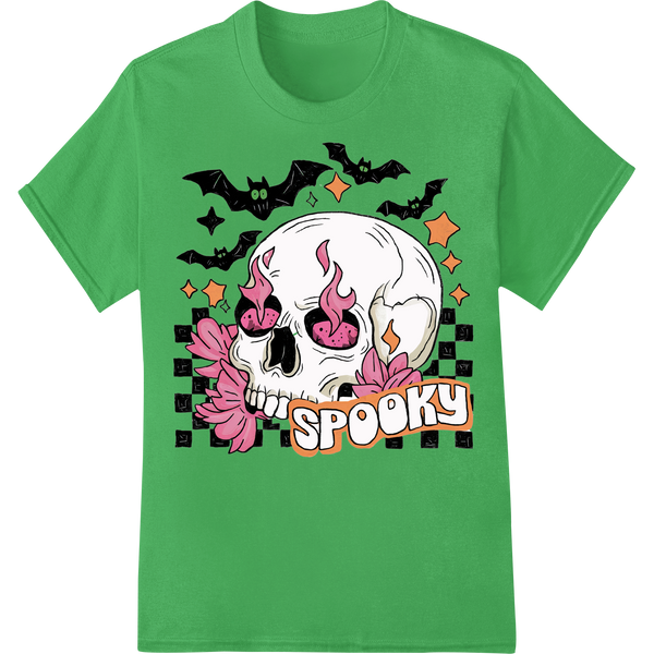 A skull enveloped in pink flames with bats flying around it, making an edgy and spooky Halloween design print.