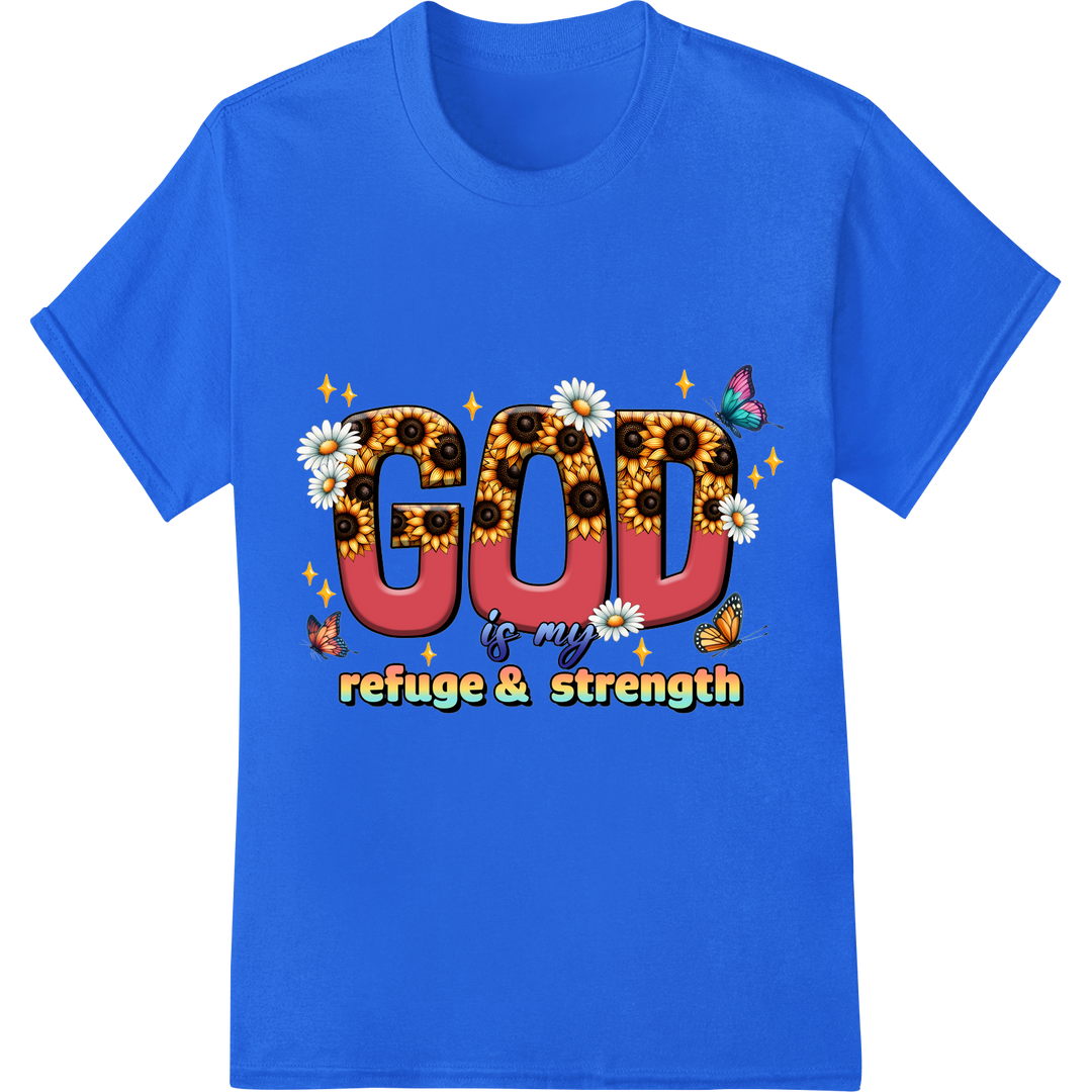 Inspiring 'GOD' DTF Heat Transfer Print | Faith & Strength on blue shirt - SUPERDTF-DTF Prints-DTF Transfers-Custom DTF Prints