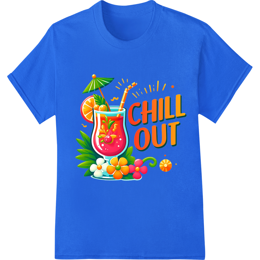 Tropical 'Chill Out' Summer Vibes DTF Print Heat Transfer on blue shirt - SUPERDTF-DTF Prints-DTF Transfers-Custom DTF Prints