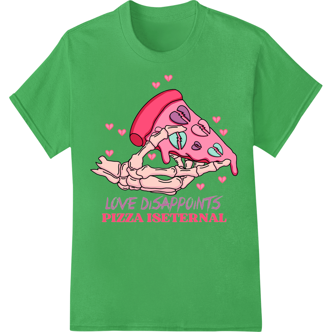 Eternal Love: Quirky Skeleton Pizza Valentine's Day Print on green shirt - SUPERDTF-DTF Prints-DTF Transfers-Custom DTF Prints