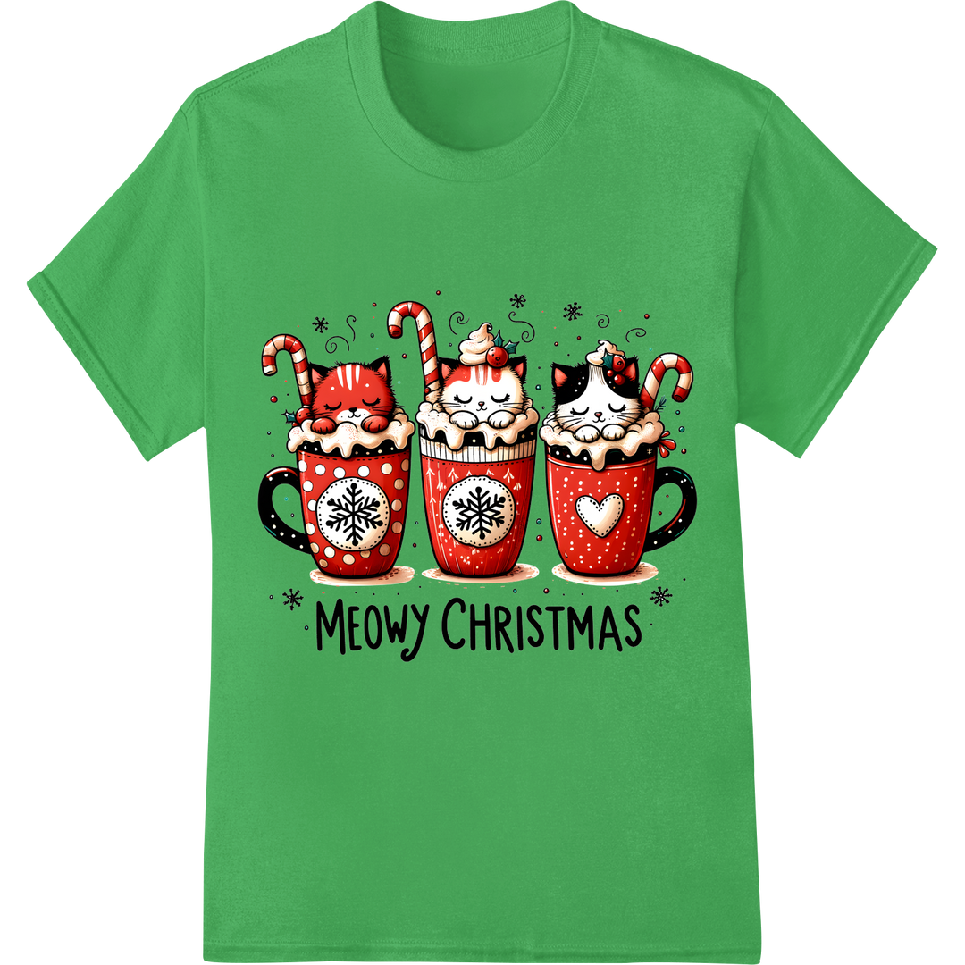 Meowy Christmas: Festive Feline Fun DTF Heat Transfer Print on green shirt - SUPERDTF-DTF Prints-DTF Transfers-Custom DTF Prints