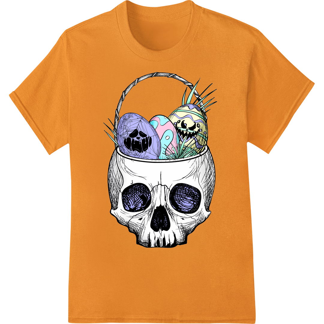 Edgy Easter: Skull Basket with Vibrant Eggs DTF Print on orange shirt - SUPERDTF-DTF Prints-DTF Transfers-Custom DTF Prints