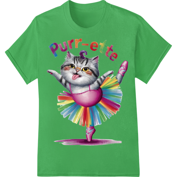 Adorable 'Purr-ette' Cat in Rainbow Tutu DTF Print Transfer on green shirt - SUPERDTF-DTF Prints-DTF Transfers-Custom DTF Prints