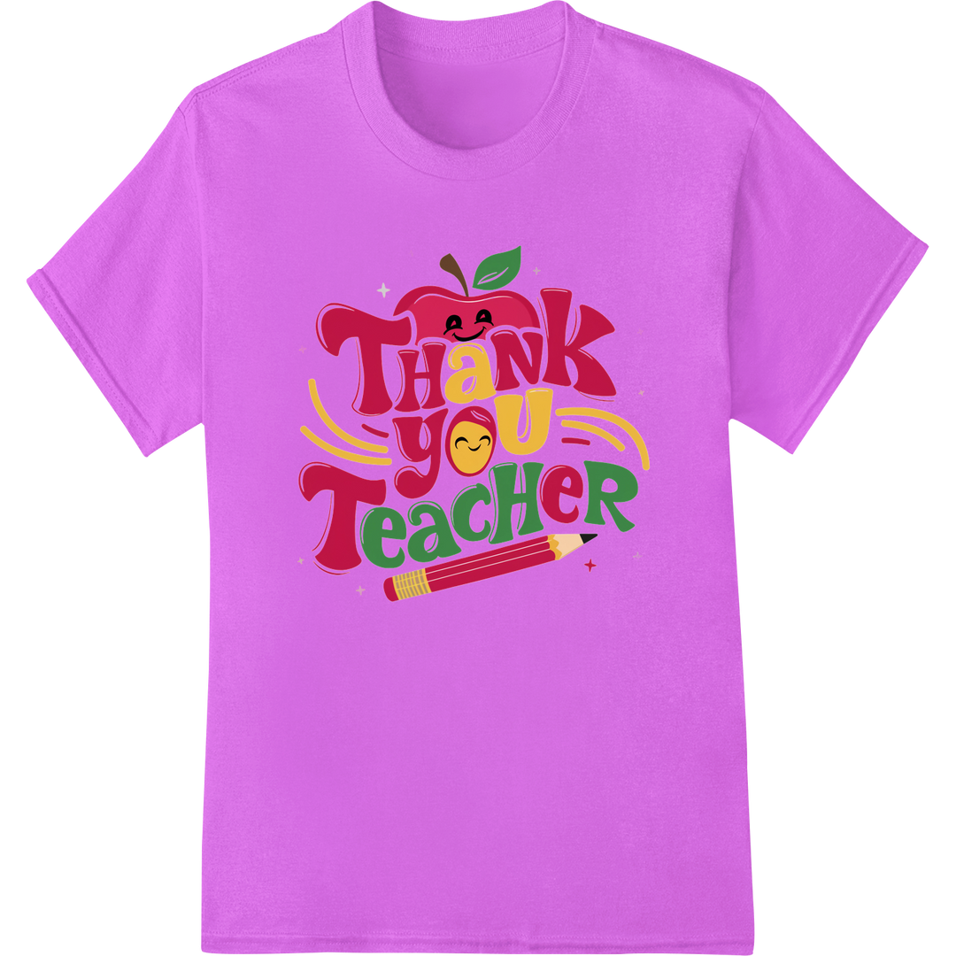 Vibrant 'Thank You Teacher' Apple DTF Print Heat Transfer on purple shirt - SUPERDTF-DTF Prints-DTF Transfers-Custom DTF Prints