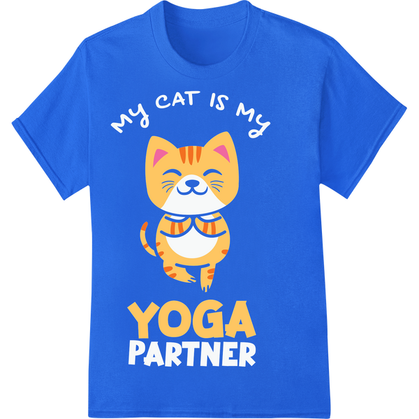 Adorable Cat Yoga Print | Funny Feline Yogi Heat Transfer on blue shirt - SUPERDTF-DTF Prints-DTF Transfers-Custom DTF Prints