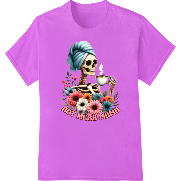 Skeleton Coffee Mom DTF Print: Embrace the Hot Mess Life on purple shirt - SUPERDTF-DTF Prints-DTF Transfers-Custom DTF Prints