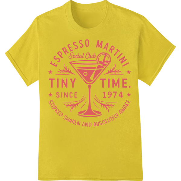 Espresso Martini Social Club Vintage Emblem DTF Heat Transfer on yellow shirt - SUPERDTF-DTF Prints-DTF Transfers-Custom DTF Prints