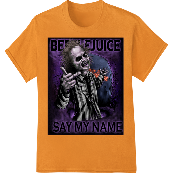 A heat transfer design featuring the iconic Beetlejuice character with a spooky, haunted house backdrop for custom apparel...