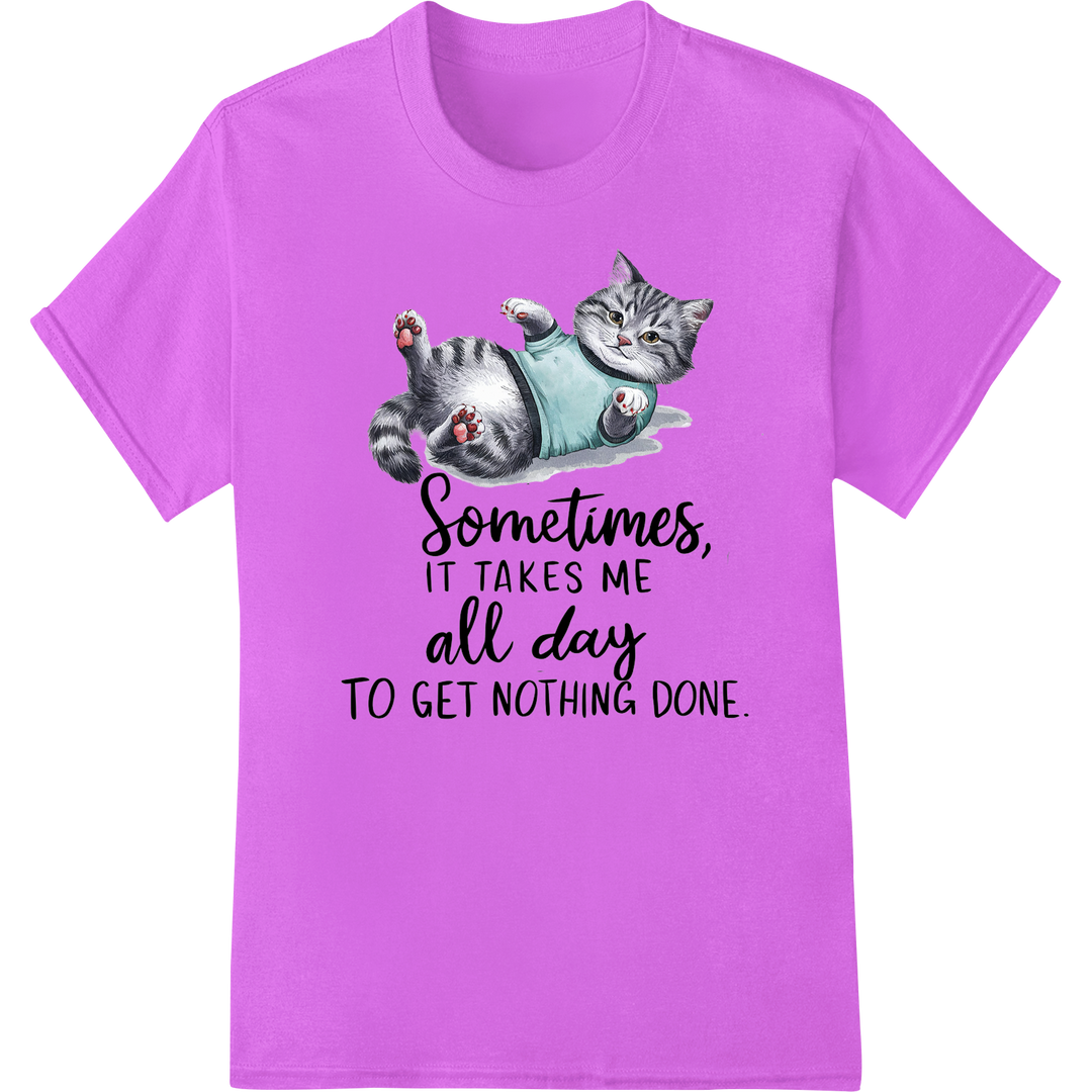 Lazy Cat's Motto: All Day for Nothing - Funny Cat DTF Print on purple shirt - SUPERDTF-DTF Prints-DTF Transfers-Custom DTF Prints