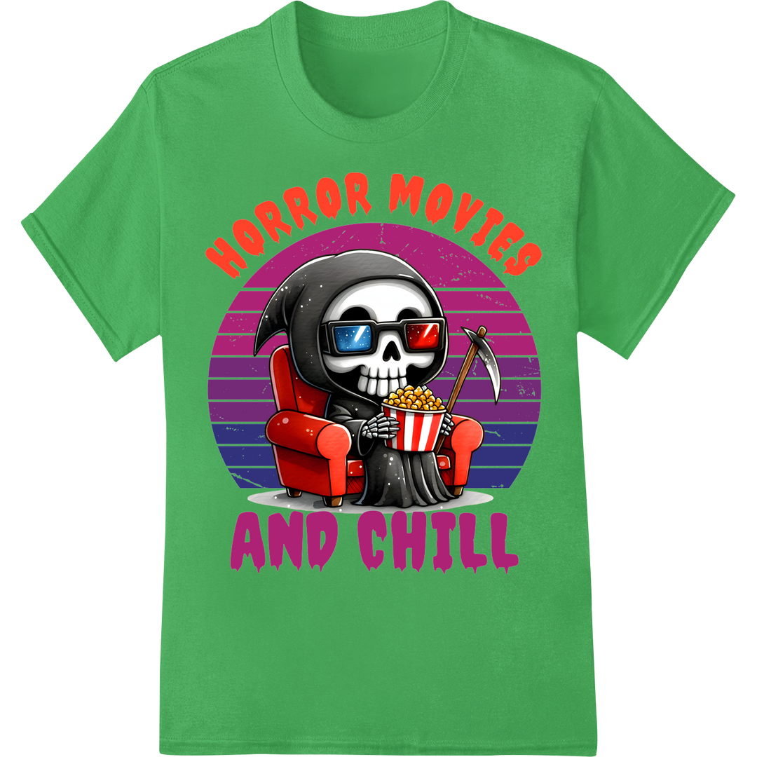 Spooky Skeleton Horror Movies & Chill DTF Print Transfer on green shirt - SUPERDTF-DTF Prints-DTF Transfers-Custom DTF Prints