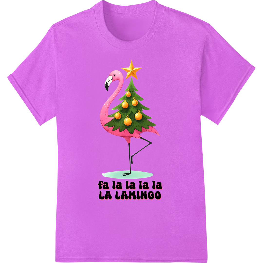 Festive Flamingo Christmas Tree | Tropical Holiday DTF Print on purple shirt - SUPERDTF-DTF Prints-DTF Transfers-Custom DTF Prints