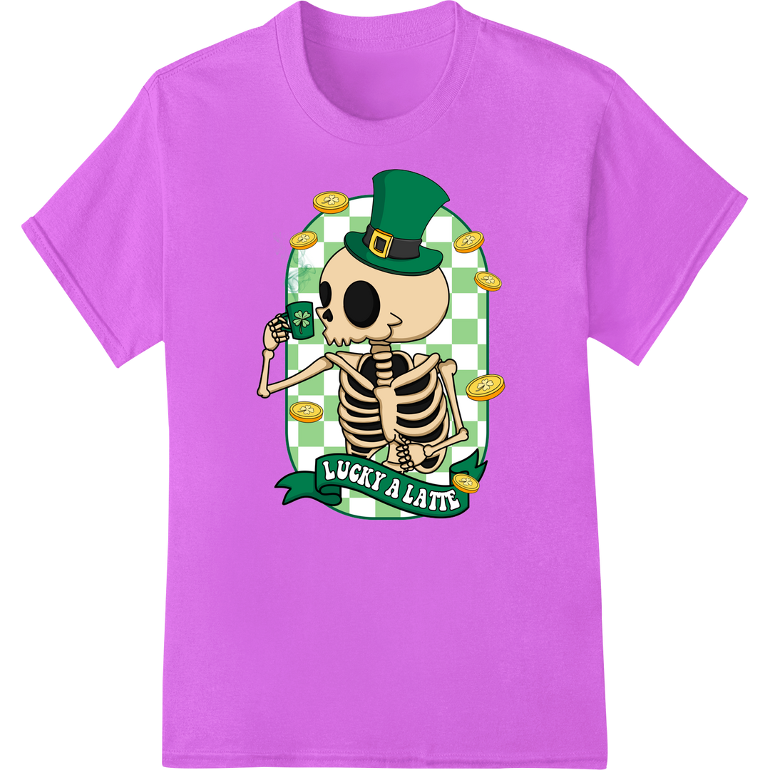 Lucky Skeleton Latte DTF Print for St. Patrick's Day Shirts on purple shirt - SUPERDTF-DTF Prints-DTF Transfers-Custom DTF Prints