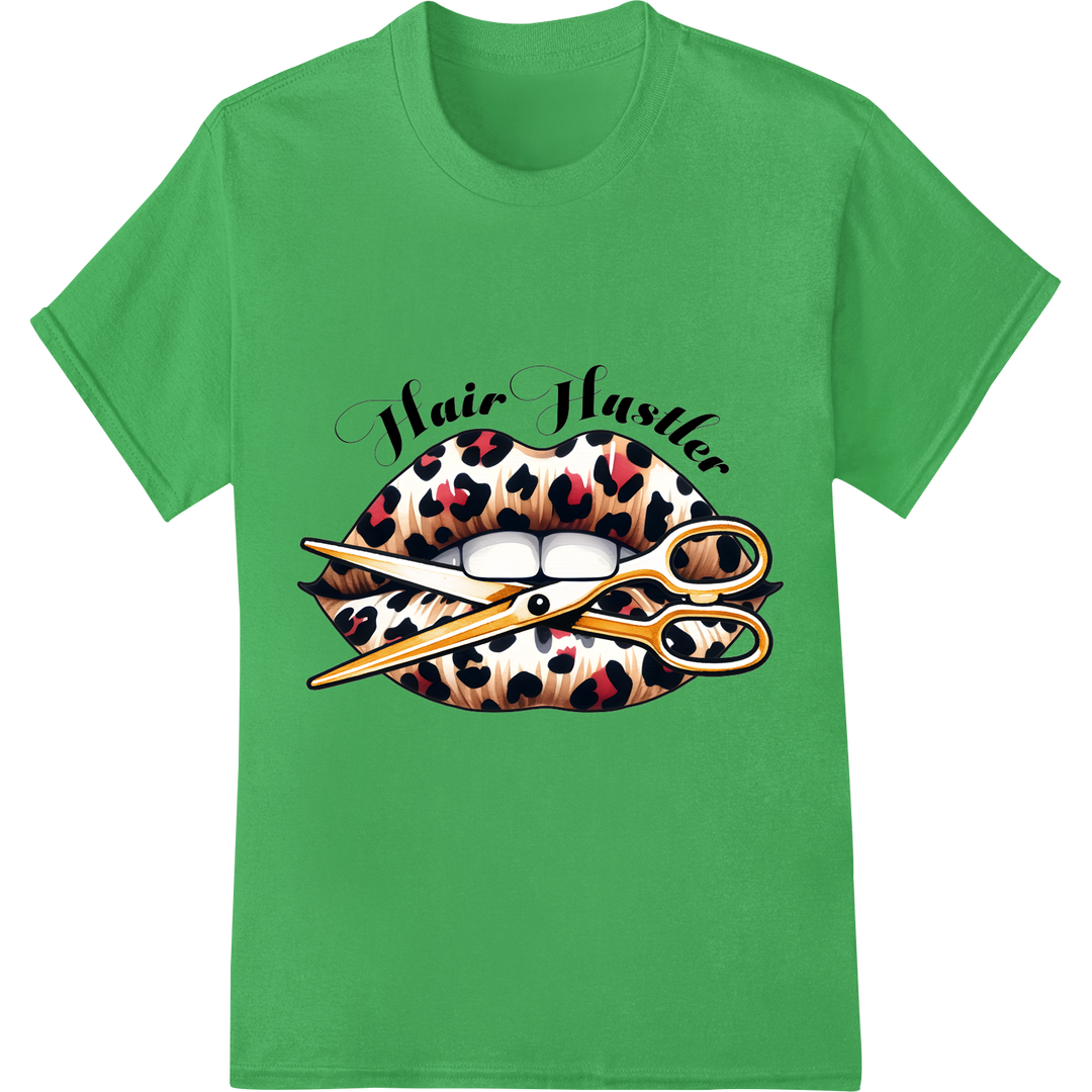 Fierce Leopard Print Lips DTF Transfer for Hair Hustlers on green shirt - SUPERDTF-DTF Prints-DTF Transfers-Custom DTF Prints