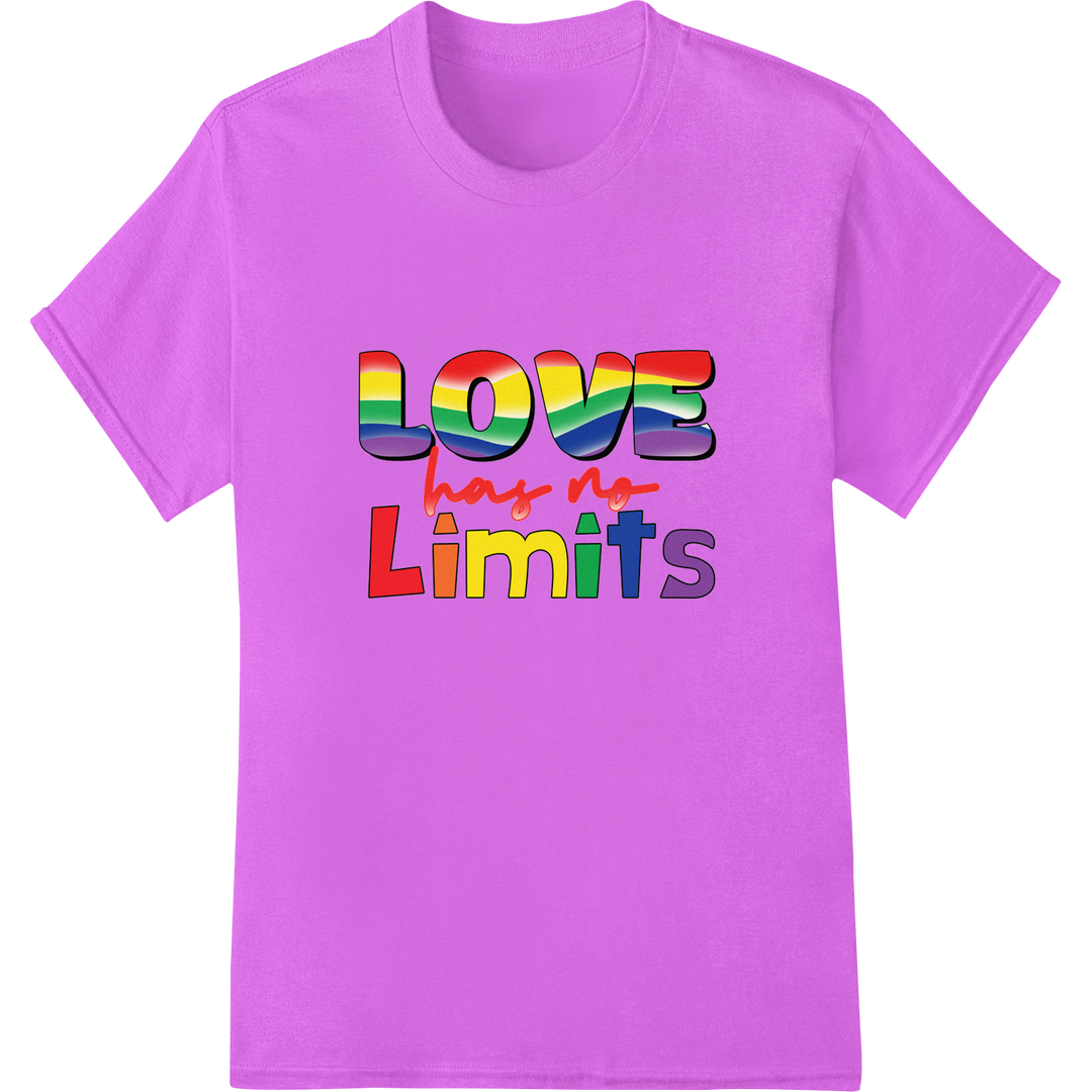 Vibrant 'Love Has No Limits' LGBT Pride DTF Print Transfer on purple shirt - SUPERDTF-DTF Prints-DTF Transfers-Custom DTF Prints