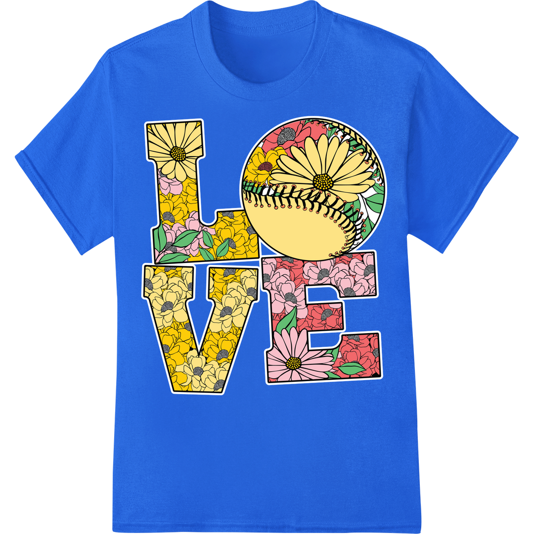 Floral Baseball Love: Valentine's Day DTF Print Transfer on blue shirt - SUPERDTF-DTF Prints-DTF Transfers-Custom DTF Prints