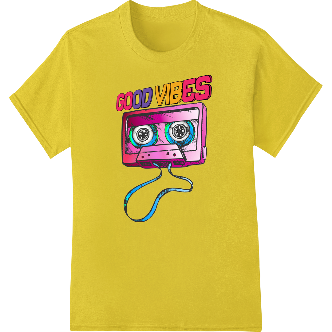 Retro Cassette "GOOD VIBES" DTF Print Heat Transfer on yellow shirt - SUPERDTF-DTF Prints-DTF Transfers-Custom DTF Prints