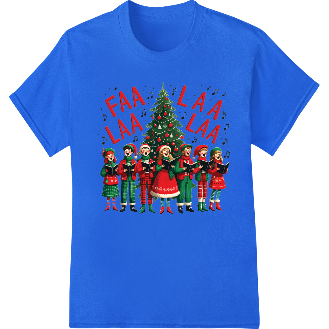 Festive Carolers 'Fa La La' Christmas DTF Print Transfer on blue shirt - SUPERDTF-DTF Prints-DTF Transfers-Custom DTF Prints