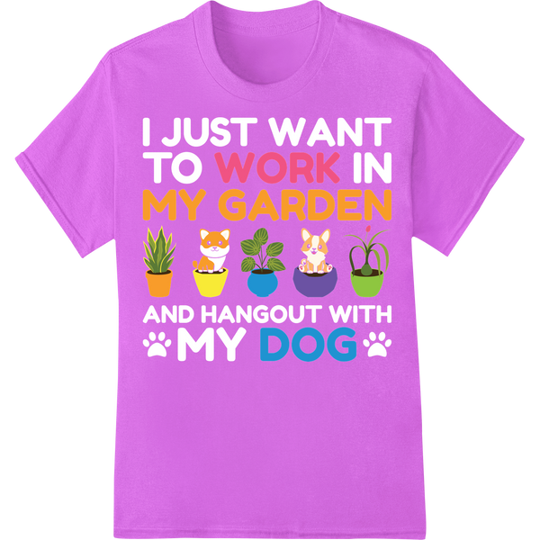 Playful 'Work My Garden Dog' DTF Print Heat Transfer on purple shirt - SUPERDTF-DTF Prints-DTF Transfers-Custom DTF Prints