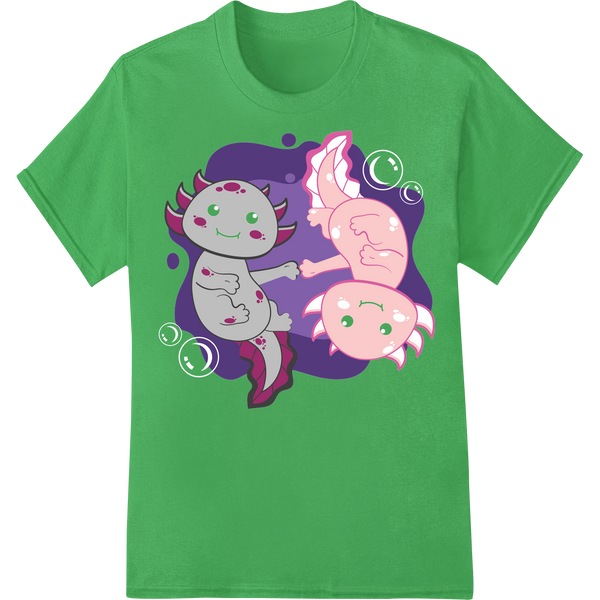 Adorable Valentine's Axolotl DTF Print Heat Transfer on green shirt - SUPERDTF-DTF Prints-DTF Transfers-Custom DTF Prints