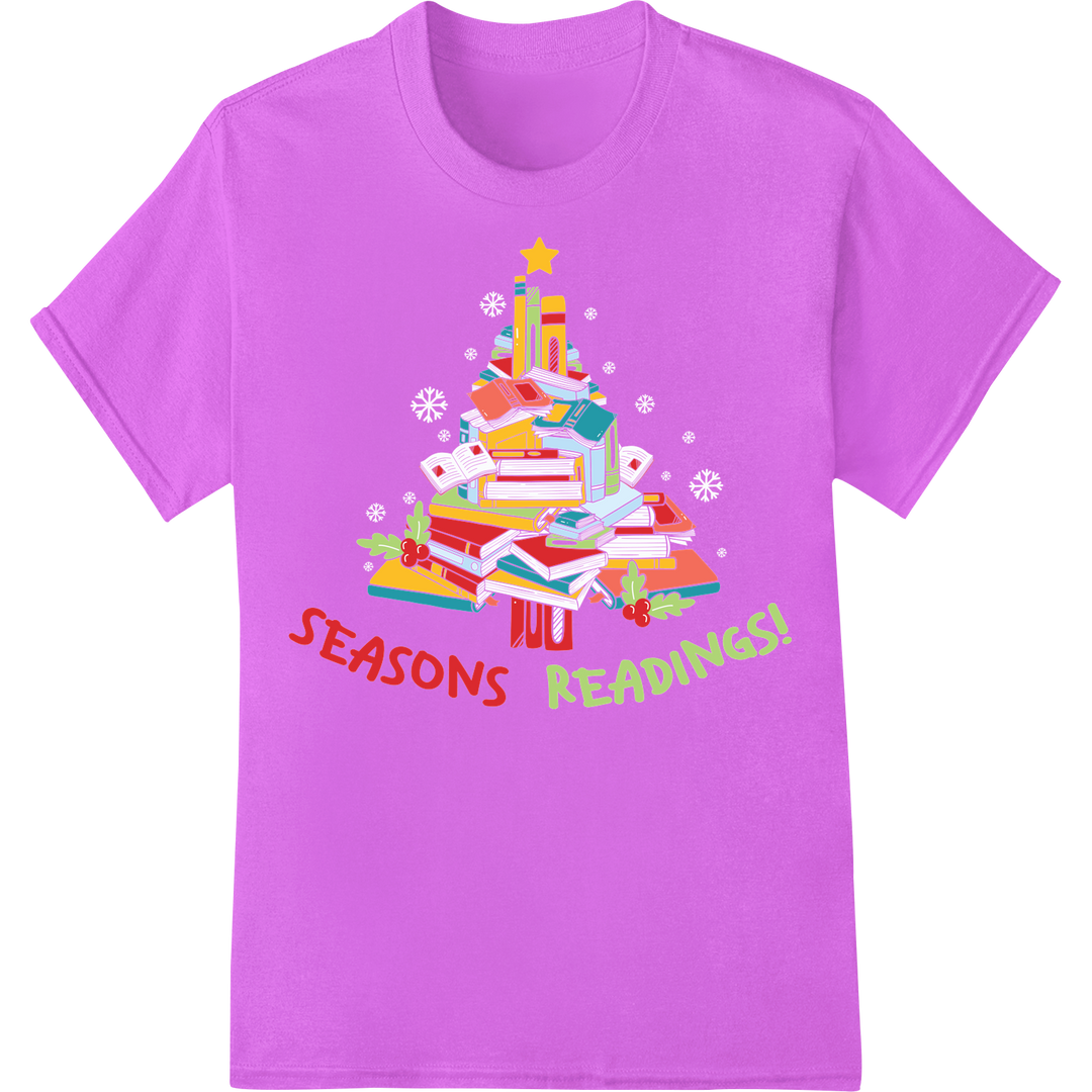 Seasons Readings! Festive Book Lover's Christmas DTF Print on purple shirt - SUPERDTF-DTF Prints-DTF Transfers-Custom DTF Prints