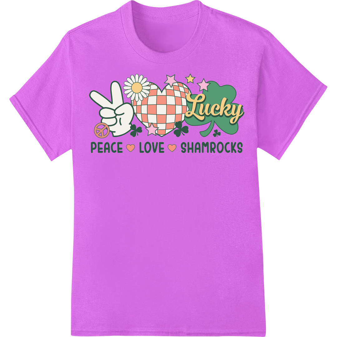 Retro Disco Shamrock: Peace, Love & Irish Pride DTF Print on purple shirt - SUPERDTF-DTF Prints-DTF Transfers-Custom DTF Prints