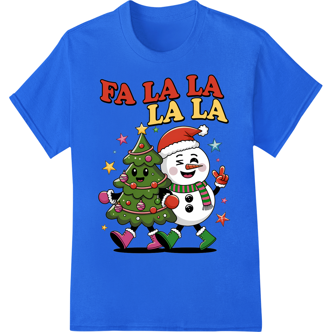 Jolly Snowman & Xmas Tree FA LA LA LA LA DTF Heat Transfer on blue shirt - SUPERDTF-DTF Prints-DTF Transfers-Custom DTF Prints