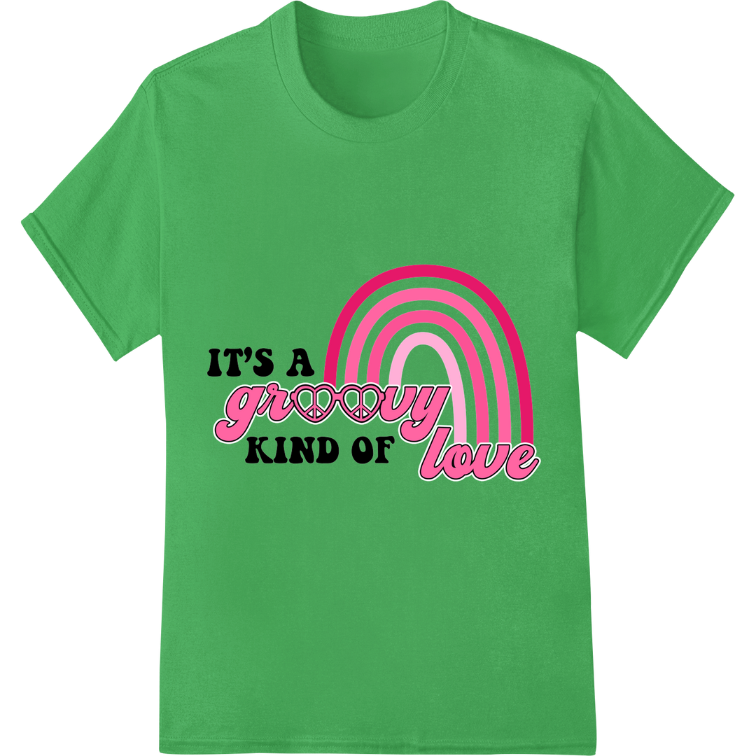 Groovy Love: Retro Rainbow Valentine's Day DTF Print on green shirt - SUPERDTF-DTF Prints-DTF Transfers-Custom DTF Prints