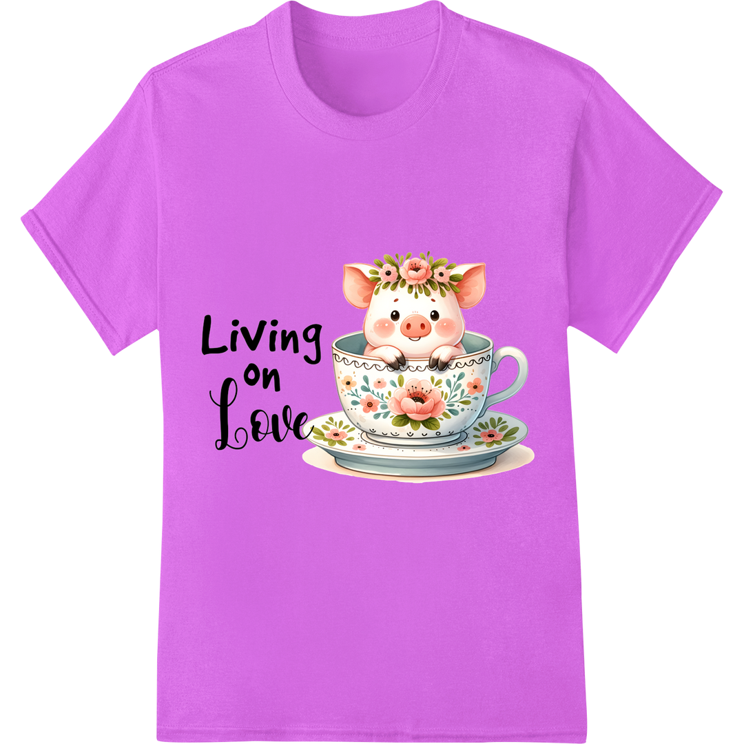 Adorable Pig in Floral Teacup - Living on Love DTF Print on purple shirt - SUPERDTF-DTF Prints-DTF Transfers-Custom DTF Prints