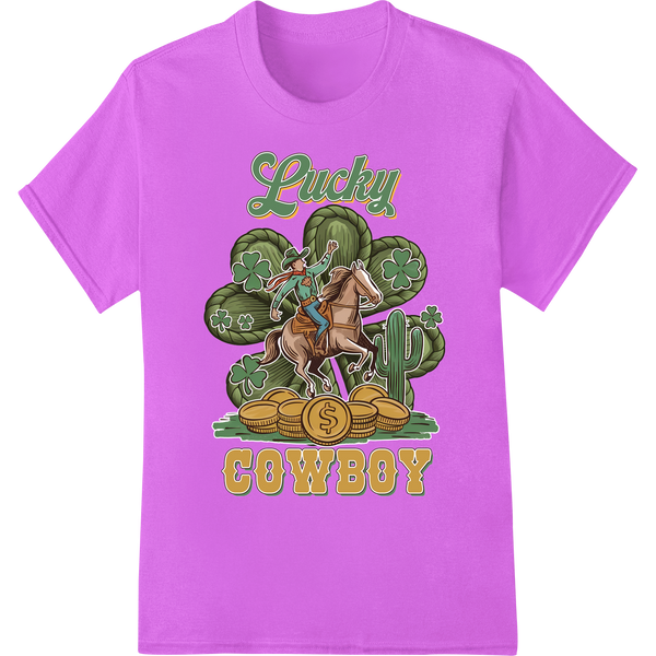 Ride into St. Patrick's Day Luck with Lucky Cowboy DTF Print on purple shirt - SUPERDTF-DTF Prints-DTF Transfers-Custom DTF Prints