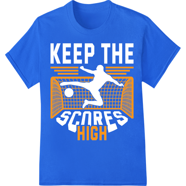 Score High with Bold Orange Soccer Goal DTF Heat Transfer on blue shirt - SUPERDTF-DTF Prints-DTF Transfers-Custom DTF Prints