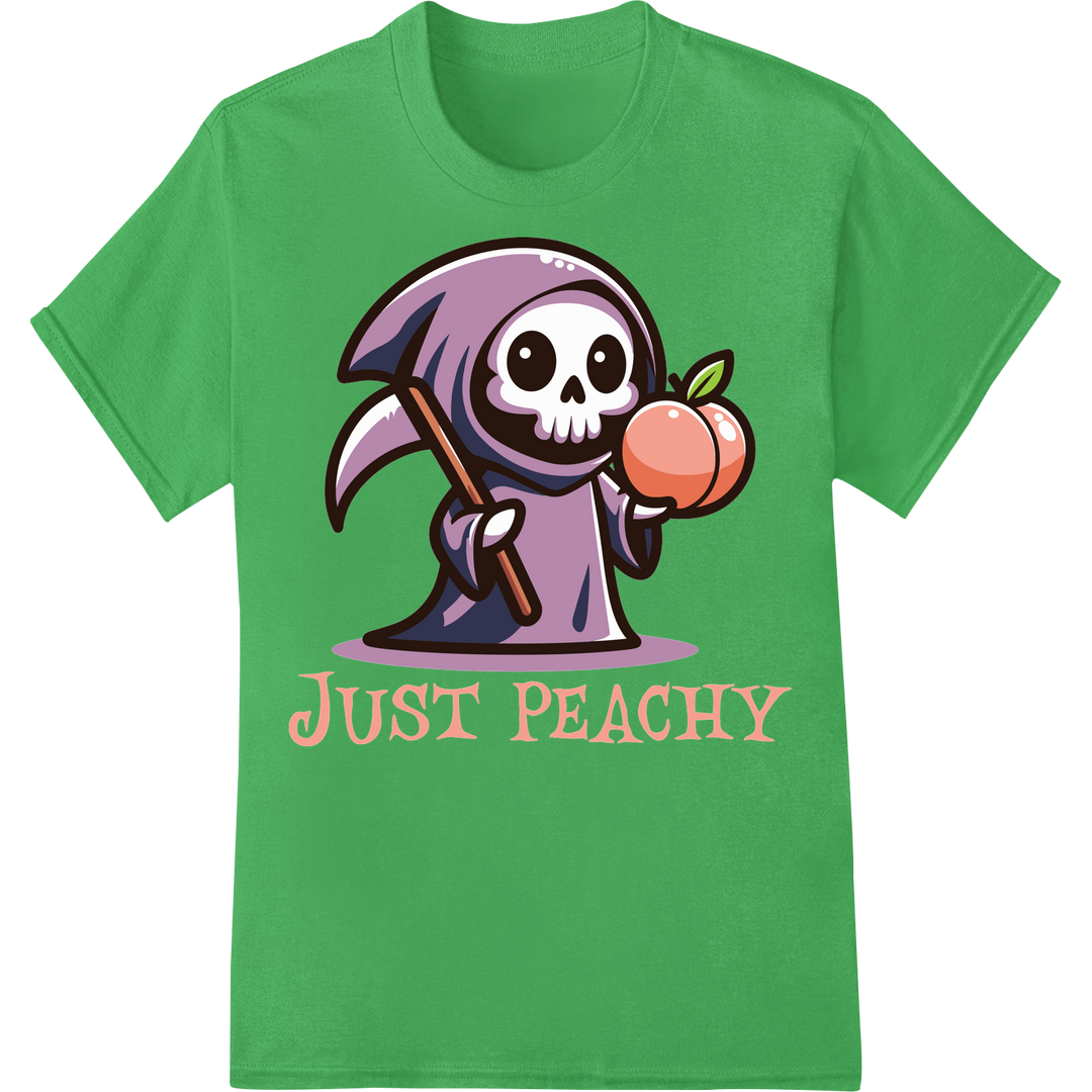 Adorable 'Just Peachy' Grim Reaper Halloween DTF Print on green shirt - SUPERDTF-DTF Prints-DTF Transfers-Custom DTF Prints