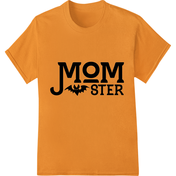 A playful 'Mom-ster' graphic design featuring a mom monster character, perfect for customizing Halloween apparel with DTF...