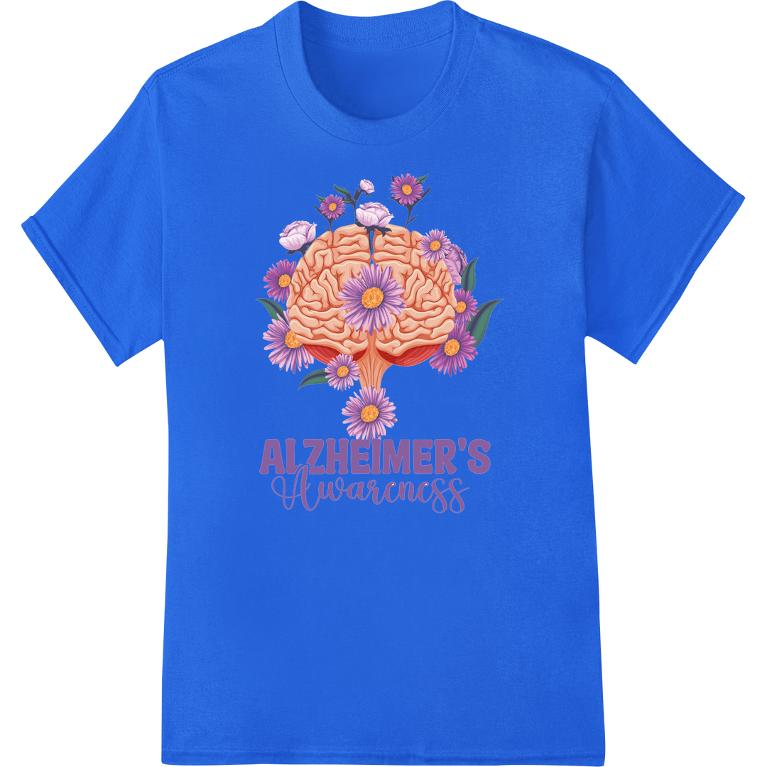 Blooming Brain: Alzheimer's Awareness DTF Print Transfer on blue shirt - SUPERDTF-DTF Prints-DTF Transfers-Custom DTF Prints