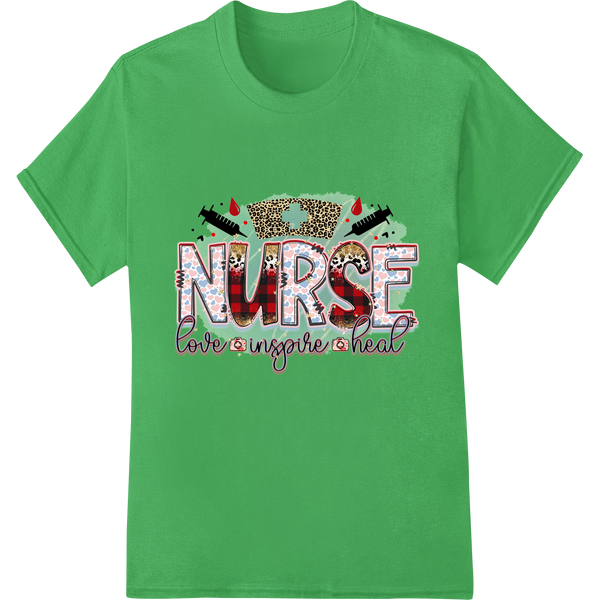 Leopard print heart design with the text 'NURSE love is in the heat' - perfect for nurse Valentine's Day gifts and apparel