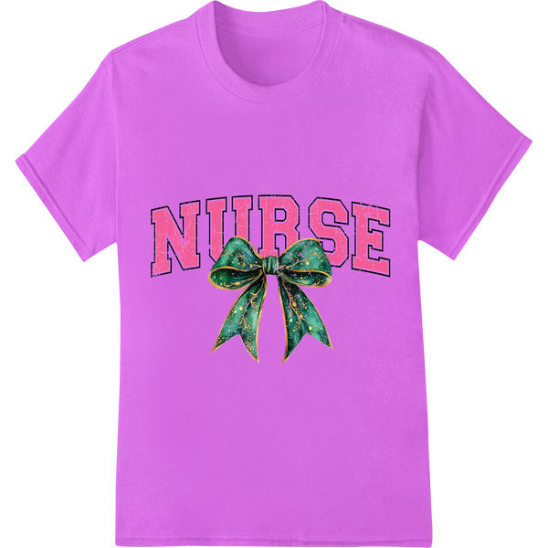 Festive 'NURSE' Holiday Bow Print | DTF Heat Transfer on purple shirt - SUPERDTF-DTF Prints-DTF Transfers-Custom DTF Prints