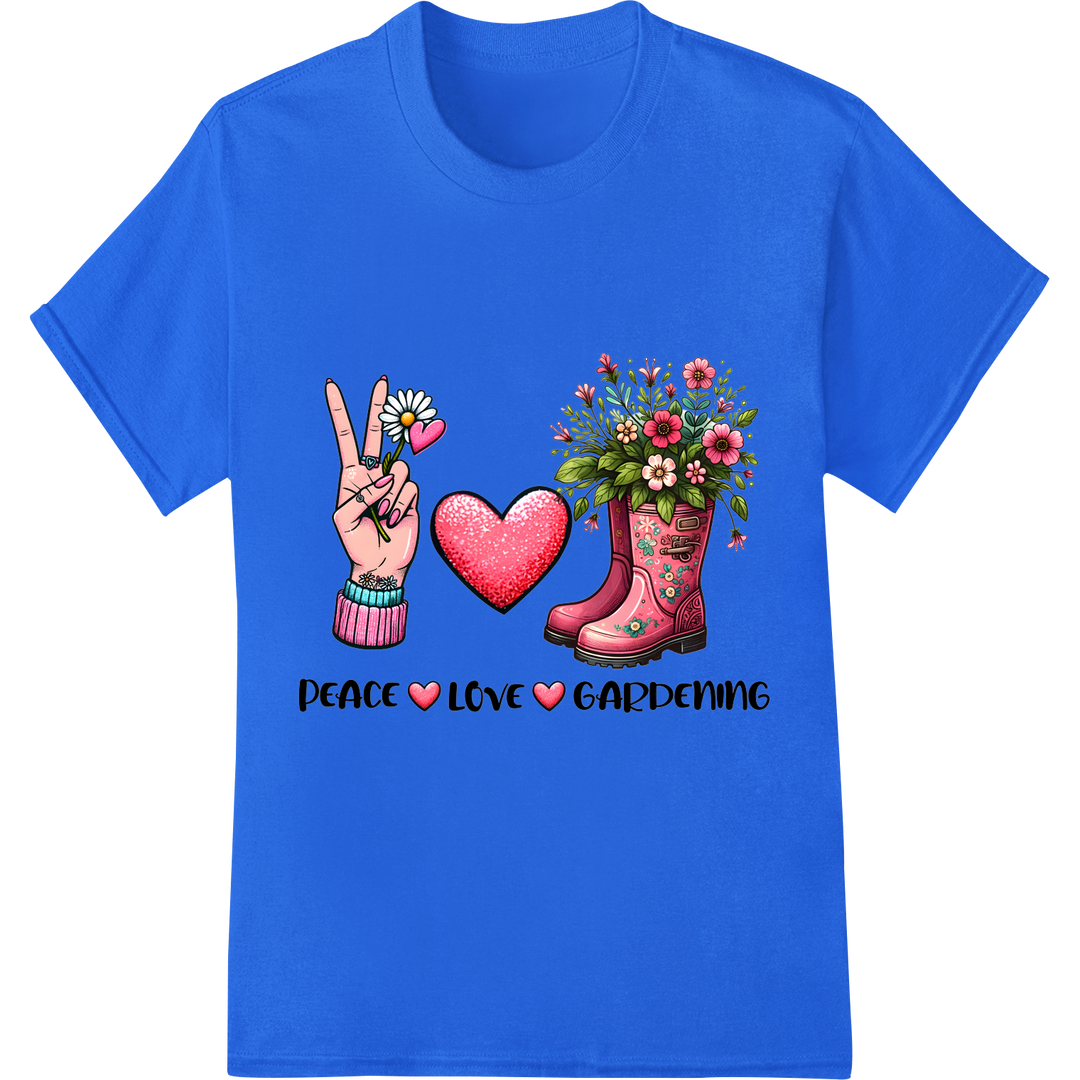 Grow Peace & Love: Charming Gardening DTF Print Transfer on blue shirt - SUPERDTF-DTF Prints-DTF Transfers-Custom DTF Prints