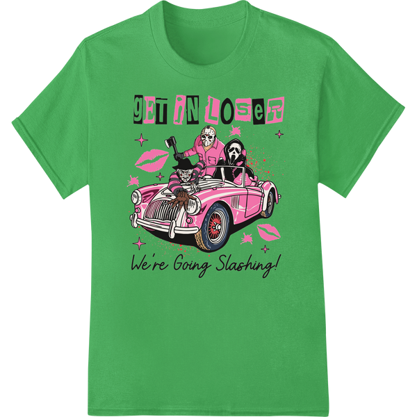 Cartoon car with edgy 'We're Going Slashing!' text design, perfect for DTF printing on t-shirts and apparel.