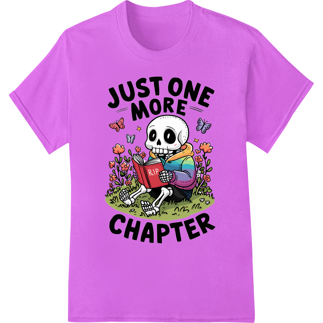 Just One More Chapter - Book Lover Skeleton DTF Print on purple shirt - SUPERDTF-DTF Prints-DTF Transfers-Custom DTF Prints