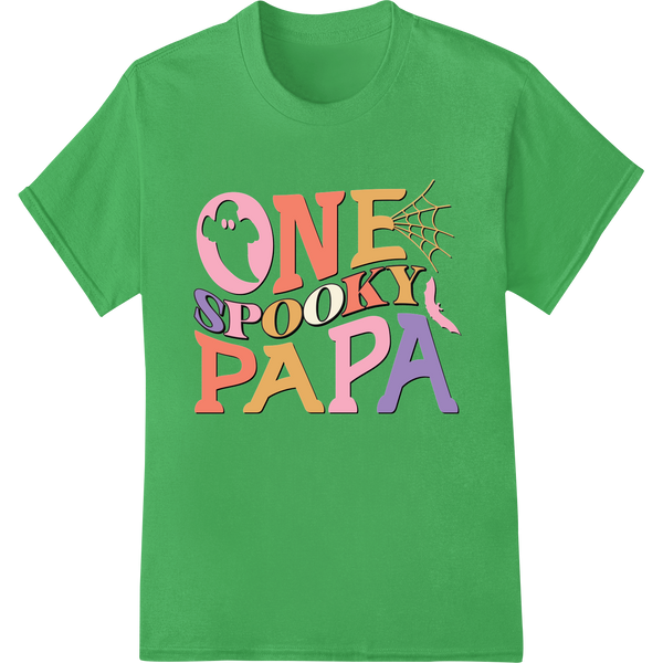 A playful 'One Spooky Papa' design featuring a skeletal figure with a Halloween pumpkin for a head, printed with DTF...