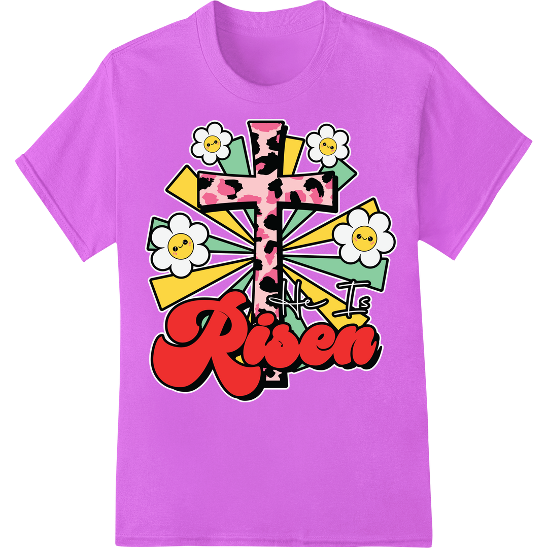 Vibrant 'Risen' Floral Cross DTF Heat Transfer Print on purple shirt - SUPERDTF-DTF Prints-DTF Transfers-Custom DTF Prints