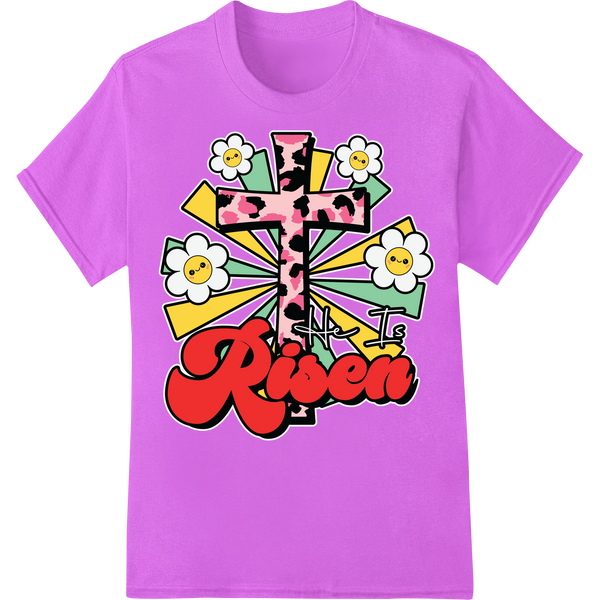 Vibrant 'Risen' Floral Cross DTF Heat Transfer Print on purple shirt - SUPERDTF-DTF Prints-DTF Transfers-Custom DTF Prints