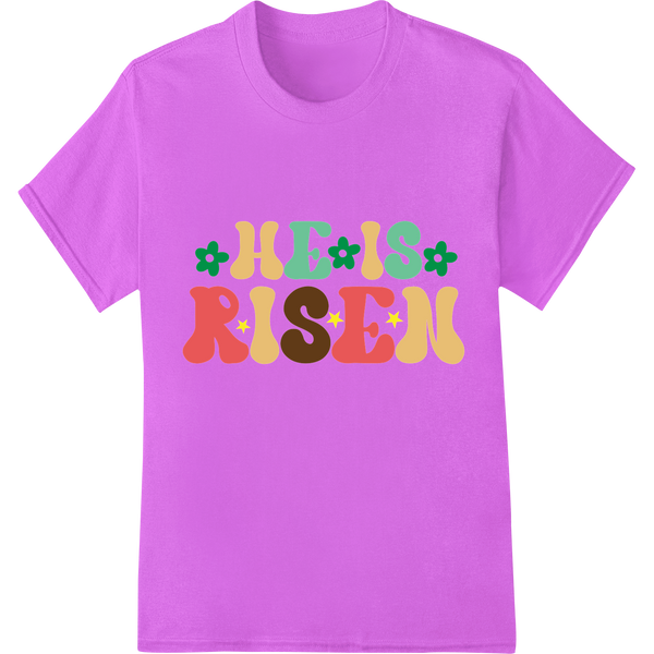 Vibrant 'HE IS RISEN' Easter Heat Transfer Design on purple shirt - SUPERDTF-DTF Prints-DTF Transfers-Custom DTF Prints