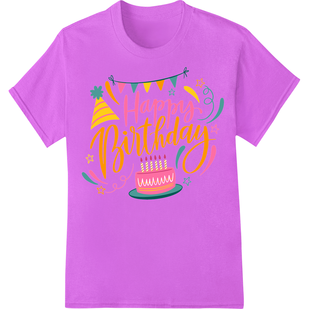 Festive Happy Birthday DTF Print Heat Transfer | Party Style on purple shirt - SUPERDTF-DTF Prints-DTF Transfers-Custom DTF Prints