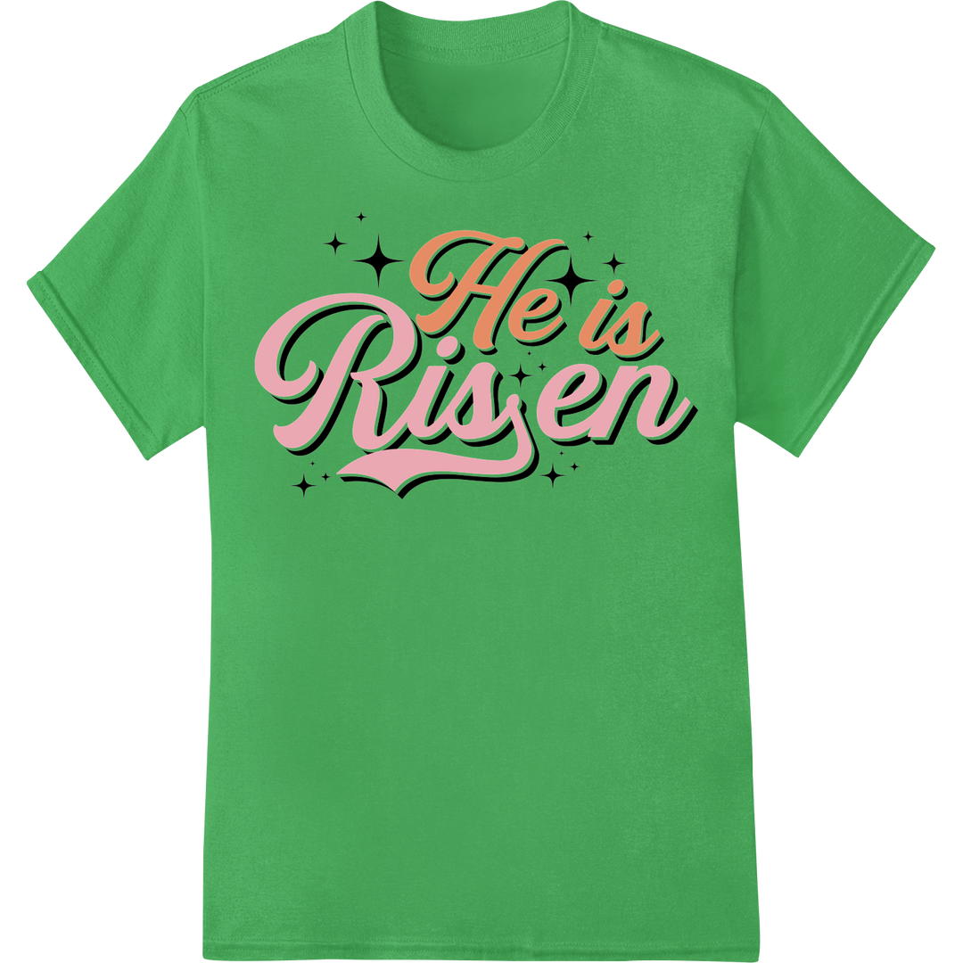 Retro 'He is Risen' Easter DTF Print Heat Transfer | Super DTF on green shirt - SUPERDTF-DTF Prints-DTF Transfers-Custom DTF Prints